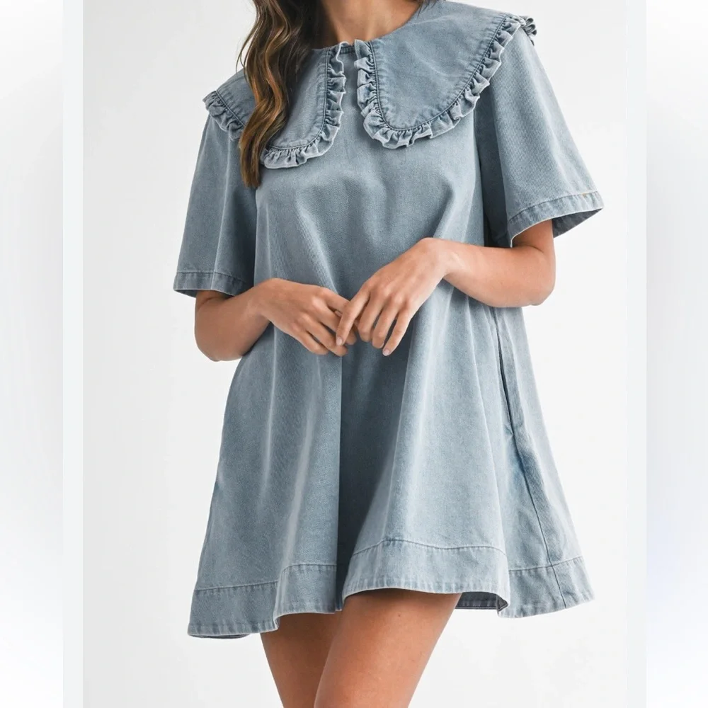 Amable by Mable Peter Pan collared light Wash denim mini dress shirt sleeve Sz S - Picture 15 of 15